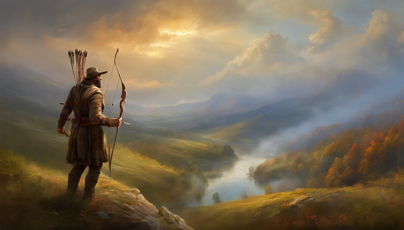 Hunter with bow and arrow in hands in the sky between clouds. The scenes are magnificent and surreal. (melhor qualidade, 4k, 8k, alta resolução, master part:1.2), ultra-detalhado, (realisitic, fotorrealista, Realista:1.37), Retrato de um, vivid colors, studio lit, foco nítido, physics based rendering, extreme detail description, Bible Topics, Grande ambiente, luz radiante.