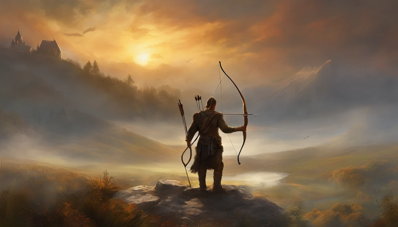 Hunter with bow and arrow in hands in the sky between clouds. The scenes are magnificent and surreal. (melhor qualidade, 4k, 8k, alta resolução, master part:1.2), ultra-detalhado, (realisitic, fotorrealista, Realista:1.37), Retrato de um, vivid colors, studio lit, foco nítido, physics based rendering, extreme detail description, Bible Topics, Grande ambiente, luz radiante.