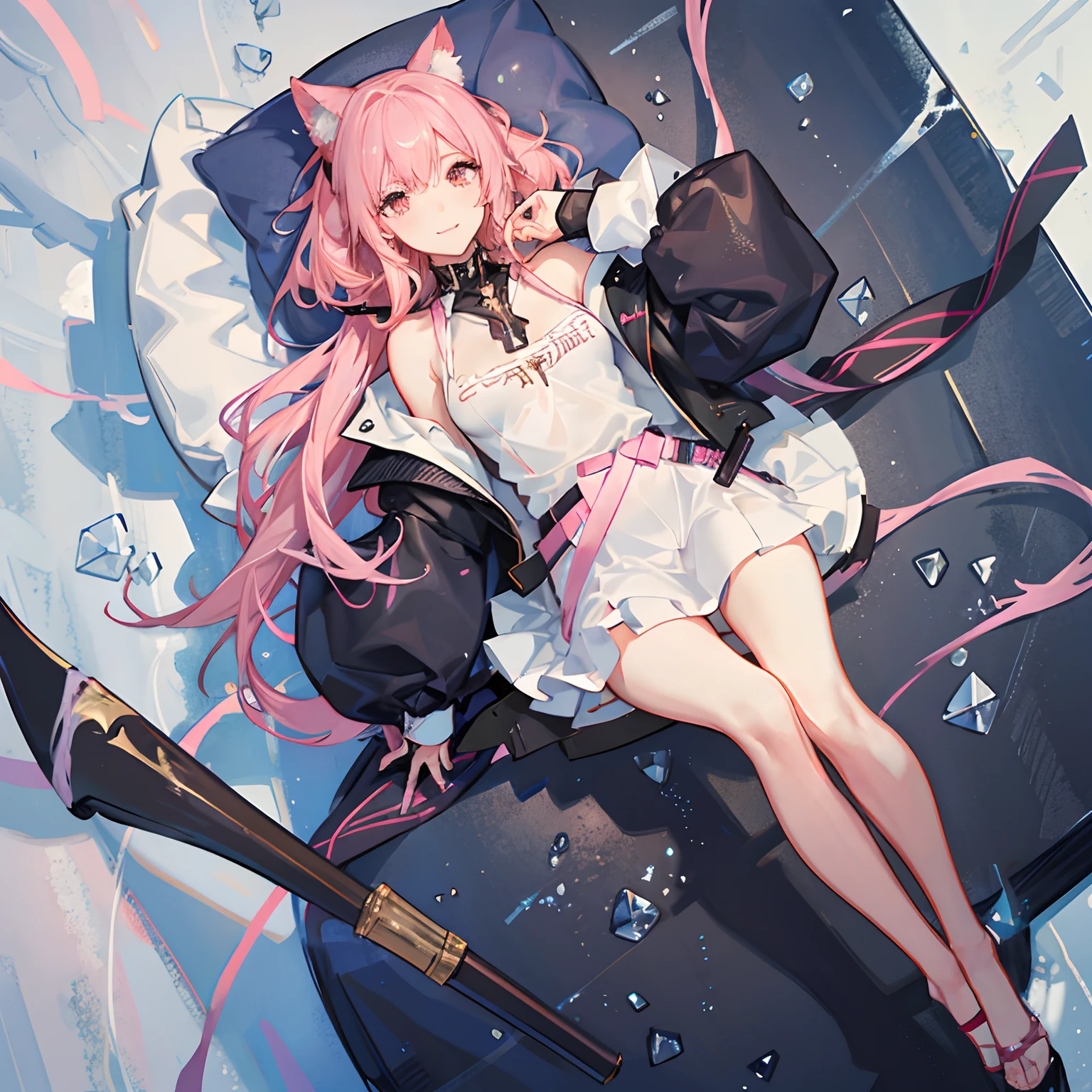 "anime girl, 1 person, pink hair, pink cat ears, pink eyes, t-shirt, white t-shirt, black women's open-shoulder jacket, black miniskirt, big breasts, has twin takana swords on her back, has a takana sword on her back Ice crystals flying around, blushing, smiling triumphantly, solo, frontal view, standing cross-legged. (full HD 4K+ image)"