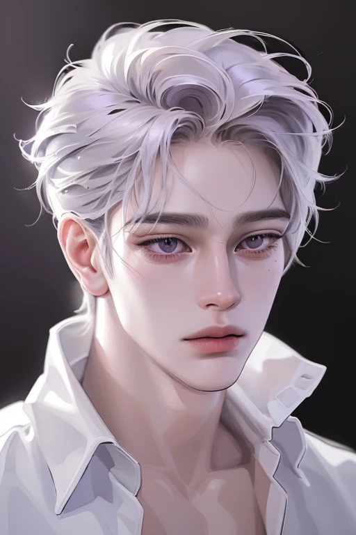 (best quality,4k,8k,highres,masterpiece:1.2),ultra-detailed,(realistic,photorealistic,photo-realistic:1.37), (((man))), ((masculine face)), portrait,illustration, vivid colors,(platinum white hair), 25 years old,purple eyes,solo man, confident expression,high-resolution,sharp focus,impressive lighting,aged face,expressive wrinkles,mysterious aura,dark background,shiny eyes,hand on chin,pensive gaze,wise appearance,distinguished gentleman,neutral color palette,fine lines,powerful presence,depth and texture,hint of purple,classic style,lifelike painting