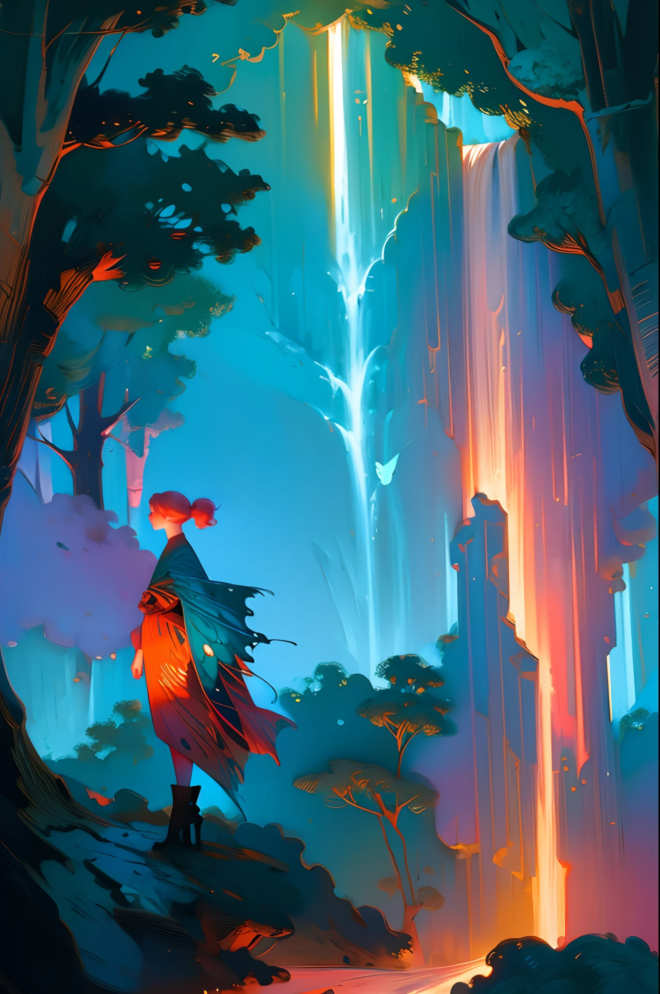 Create a magical forest where there is a path that leads to a very beautiful waterfall and where some girls with colorful butterfly wings are flying over, with colorful skirts with many details, fantastic art style