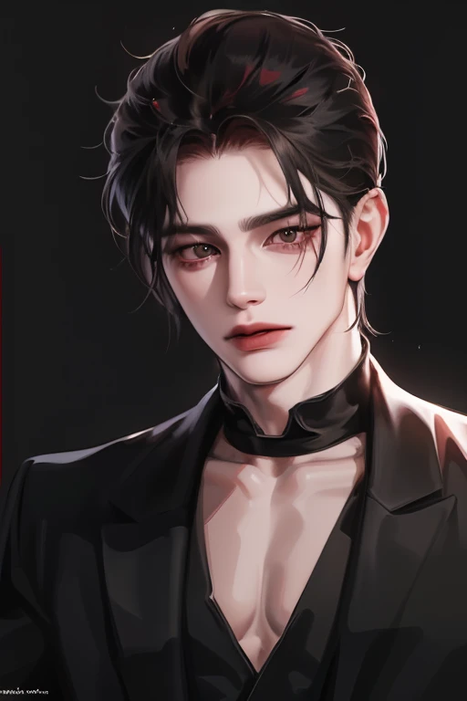 photography of a sexy man, a solo man, (((man))), ((masculine face)), 25 years old, vampire, bad boy, handsome, realistic, (red eyes), expressive look, black hair, long bangs, rose pale lips, (((dark background))), (((city backgtound))), shine hair, angular jaw, square face,broad shoulders, tall, muscular, strong, shaven, black suit, black shirt, super detailed face, perfect body, perfect shapes, realistic image, award winning photography, 8k, (((perfect shiny eyes)))