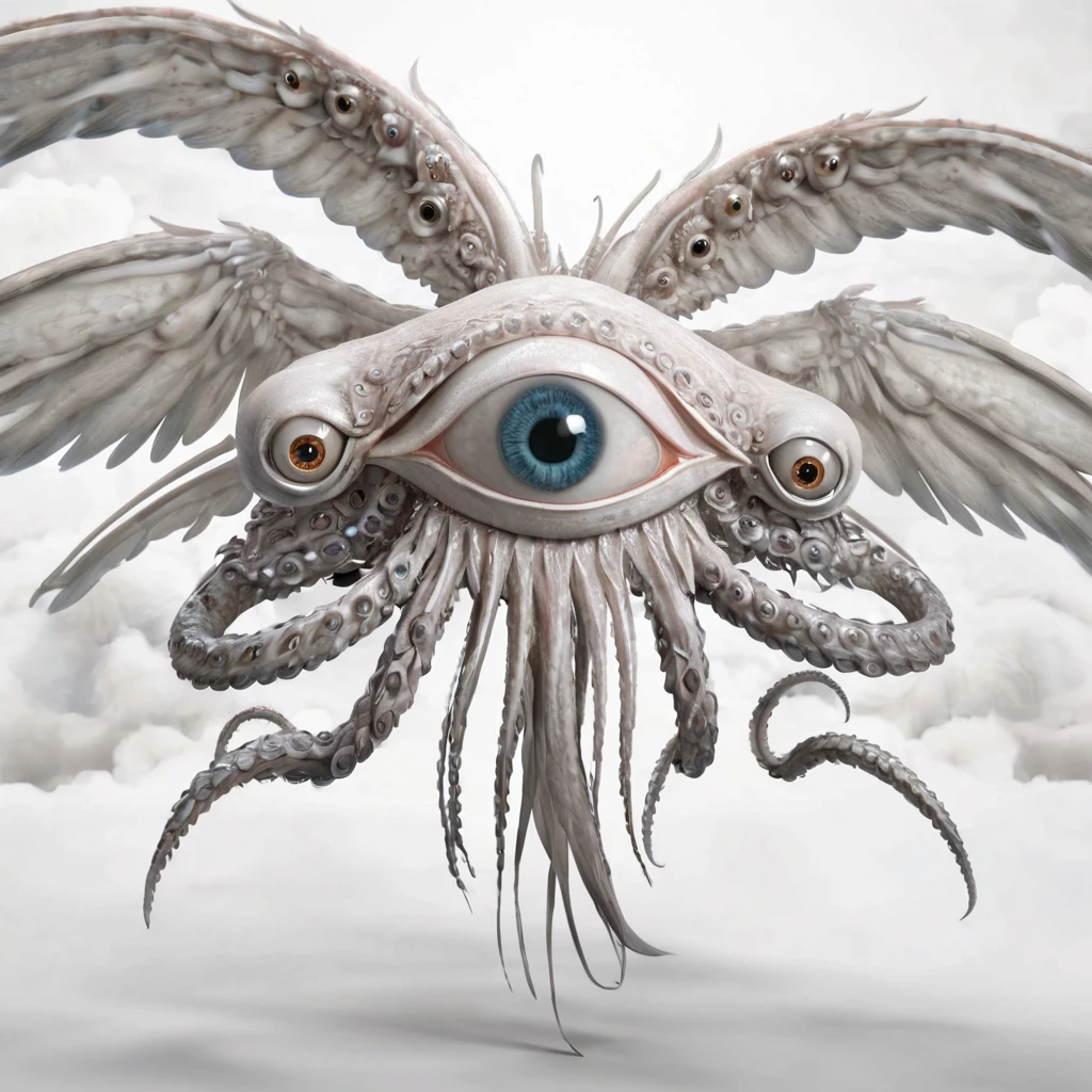 no human, photo real, 3D, tentacle creature, thousand wings, large mono eye