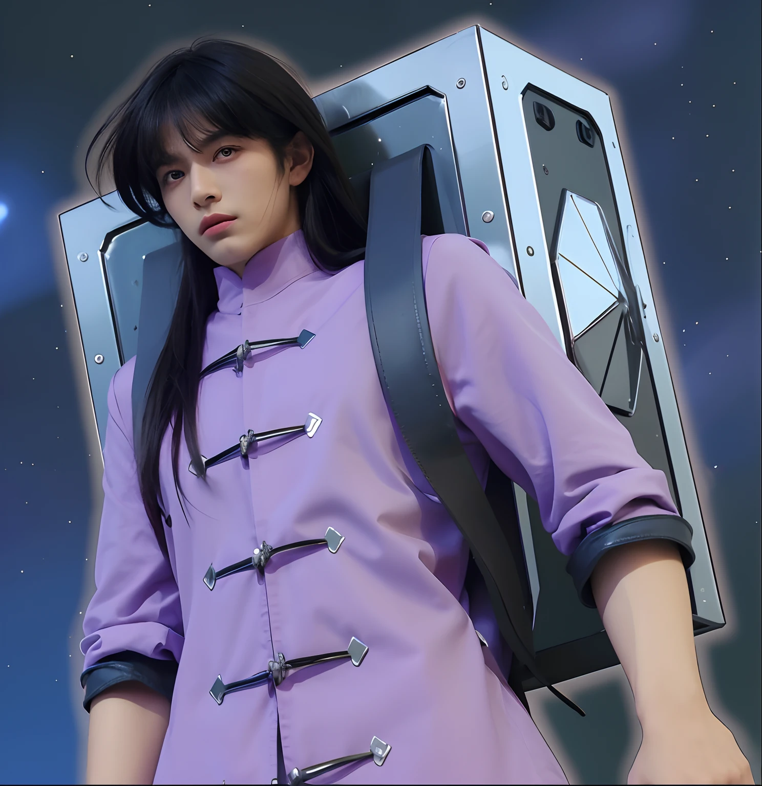(masterpiece), (realistic), half body, (male) of 18 years old, Japanese (1boy), slightly side view, serious powerful look, solo, (handsome man) (powerful face),, ((pretty big green eyes)), ((well done eyes)), looking in front, long straight messy black hair, ((bangs)), hair blowing in the air, (beardless), masculine Chinese tunic light purple, leather straps, metallic (Chrome) box on his back, night starry sky background, cinematic lighting.