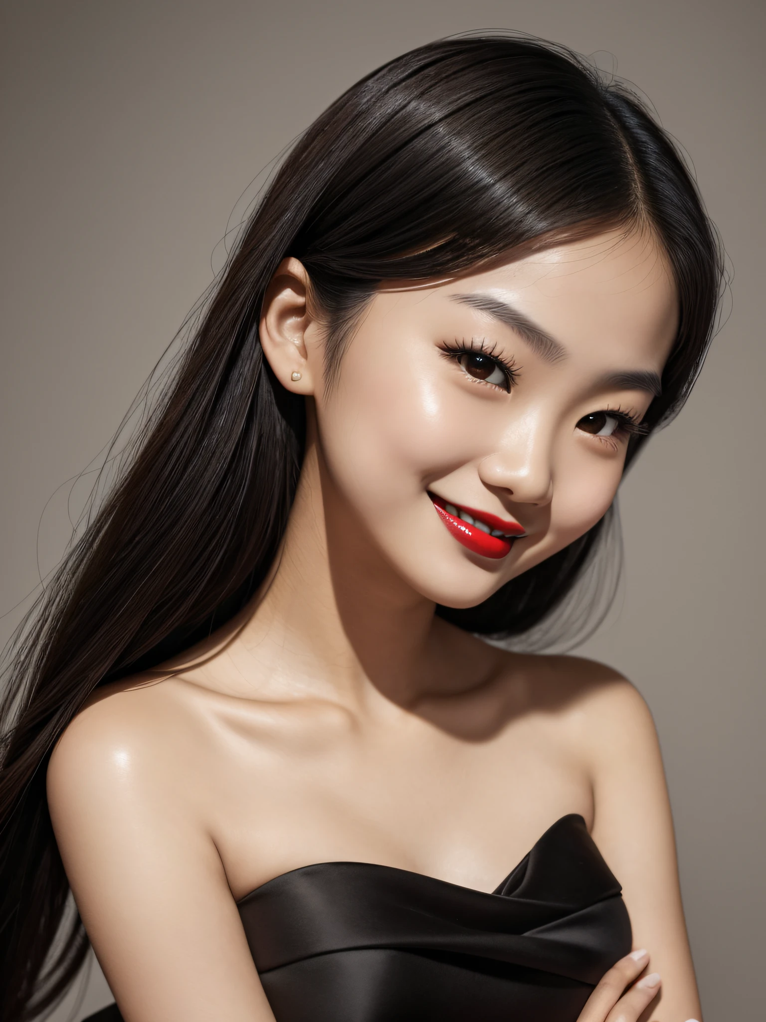 (Masterpiece), (Realistic), (Best Quality), (young)+(cute)+chinese woman, 18 years, dark skin, cute, very cute, broad jaw, big brown eyes, brown-black hair, long cheeks, slim thick, (hourglass body), curvy:0.3, short body, 150cm, small eyebrows:0.1, small brows, rounded brows, rounded eyebrows, short lips, smiling, dark red lips, wearing strapless black dress, headshot