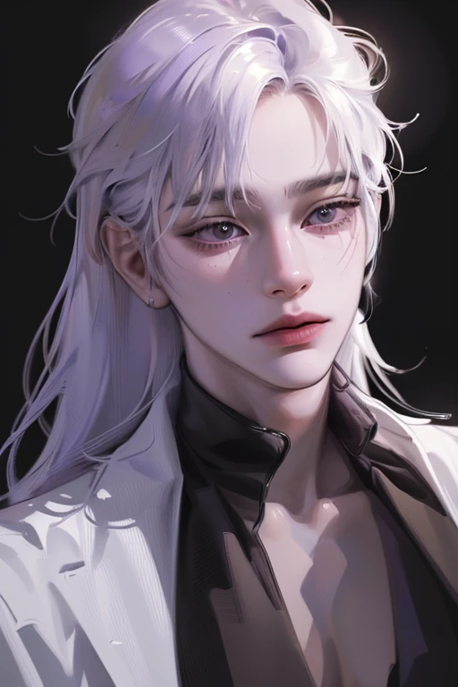 (best quality,4k,8k,highres,masterpiece:1.2),ultra-detailed,(realistic,photorealistic,photo-realistic:1.37), (((man))), ((masculine face)), portrait,illustration, vivid colors,(platinum white hair), 25 years old,purple eyes,solo man, confident expression,high-resolution,sharp focus,impressive lighting,aged face,expressive wrinkles,mysterious aura,dark background,shiny eyes,hand on chin,pensive gaze,wise appearance,distinguished gentleman,neutral color palette,fine lines,powerful presence,depth and texture,hint of purple,classic style,lifelike painting