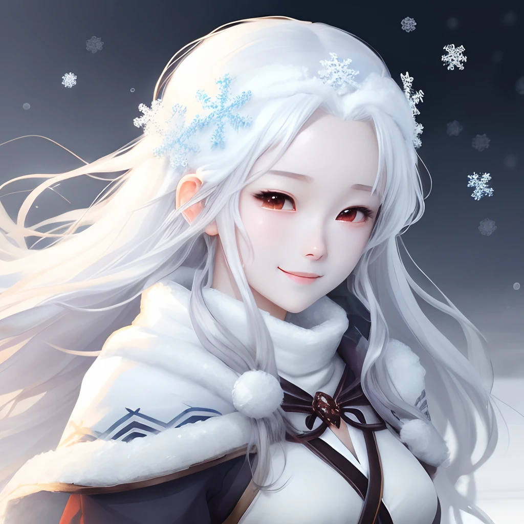Anime girl wearing snowflakes and snowflakes and white dre, beautiful anime artwork, beautiful anime art, Beautiful anime girl, beautiful anime woman, Beautiful Anime Portrait, beautiful fantasy anime, guweiz on pixiv artstation,Anime girl with long white hair fluttering in the wind, Very white skin、anime fantasy illustration, Beautiful anime, high definition anime art, anime fantasy artwork, goddess of winter、 perfectly proportions Smiling Bust is the ideal size