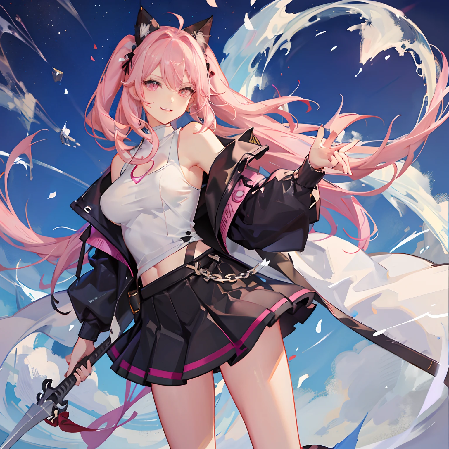 "anime girl, 1 person, pink hair, pink cat ears, pink eyes, t-shirt, white t-shirt, black women's open-shoulder jacket, black miniskirt, big breasts, twin swords on the back, sperm on the back ice bodies flying around, blushing, smiling triumphantly, solo, looking straight ahead, standing cross-legged. (full HD 4K+ image)"