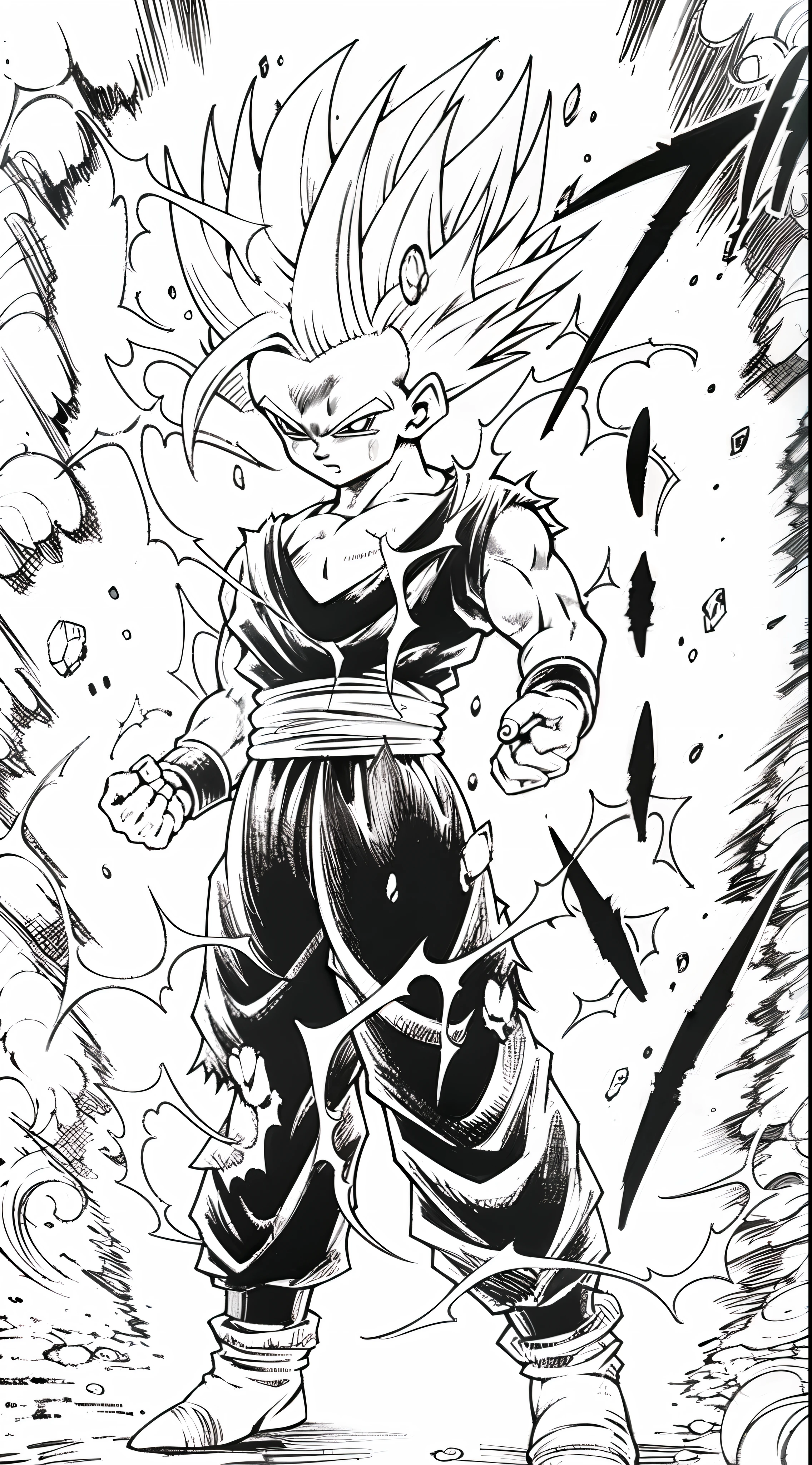 a drawing of a young gohan with a sword in his hand, striking manga artstyle, super saiyan, black and white manga panel, going super saiyan, dragon ball concept art, hyper detailed manga drawing, super saiyan 3, black and white manga style, kentaro miura manga art style, manga scans, ink manga drawing, black and white manga page