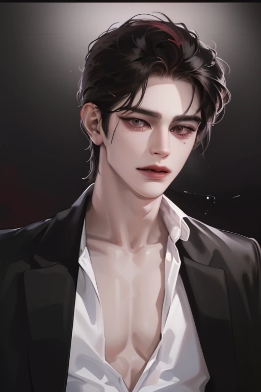 photography of a sexy man, a solo man, (((man))), ((masculine face)), 25 years old, vampire, bad boy, handsome, realistic, (red eyes), expressive look, black hair, long bangs, rose pale lips, (((dark background))), (((city backgtound))), shine hair, angular jaw, square face,broad shoulders, tall, muscular, strong, shaven, black suit, black shirt, super detailed face, perfect body, perfect shapes, realistic image, award winning photography, 8k, (((perfect shiny eyes)))