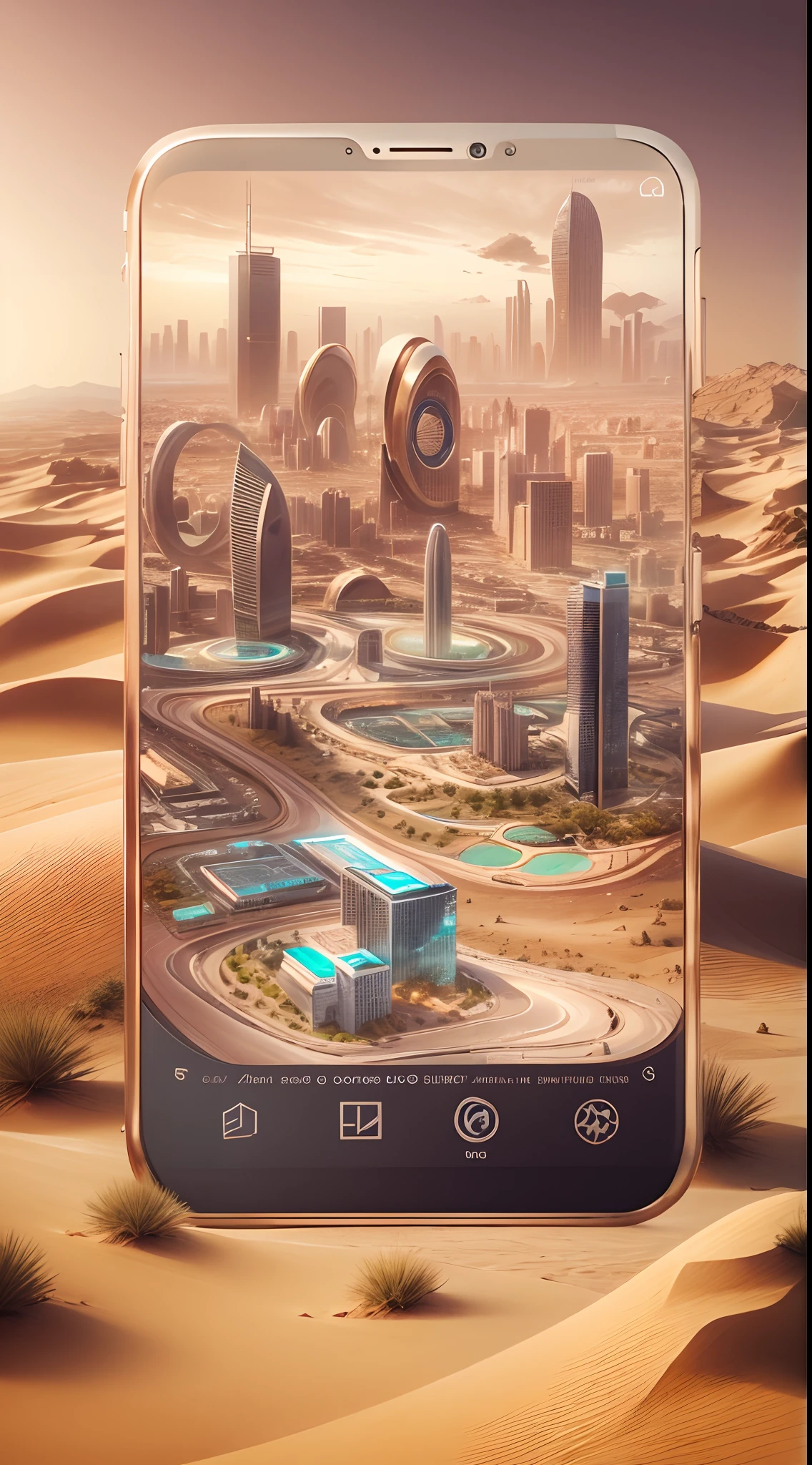 Luxury mobile phone advertising. Futuristic city in the desert as background