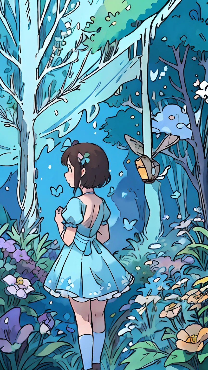 In a magical forest adorned with colorful flowers and fluttering butterflies, a young girl stands with her back turned, wearing a light blue dress and matching light blue stockings. Her short, brown hair dances in the breeze as she gazes towards the forest. The scene is reminiscent of Alice in Wonderland, with an enchanting touch. In the distance, a hot air balloon floats gracefully amidst the foliage, adding to the whimsical ambiance. The artwork captures the essence of magic, inviting viewers to immerse themselves in a world of wonder and beauty. Hd,best quality,fullhd,hd