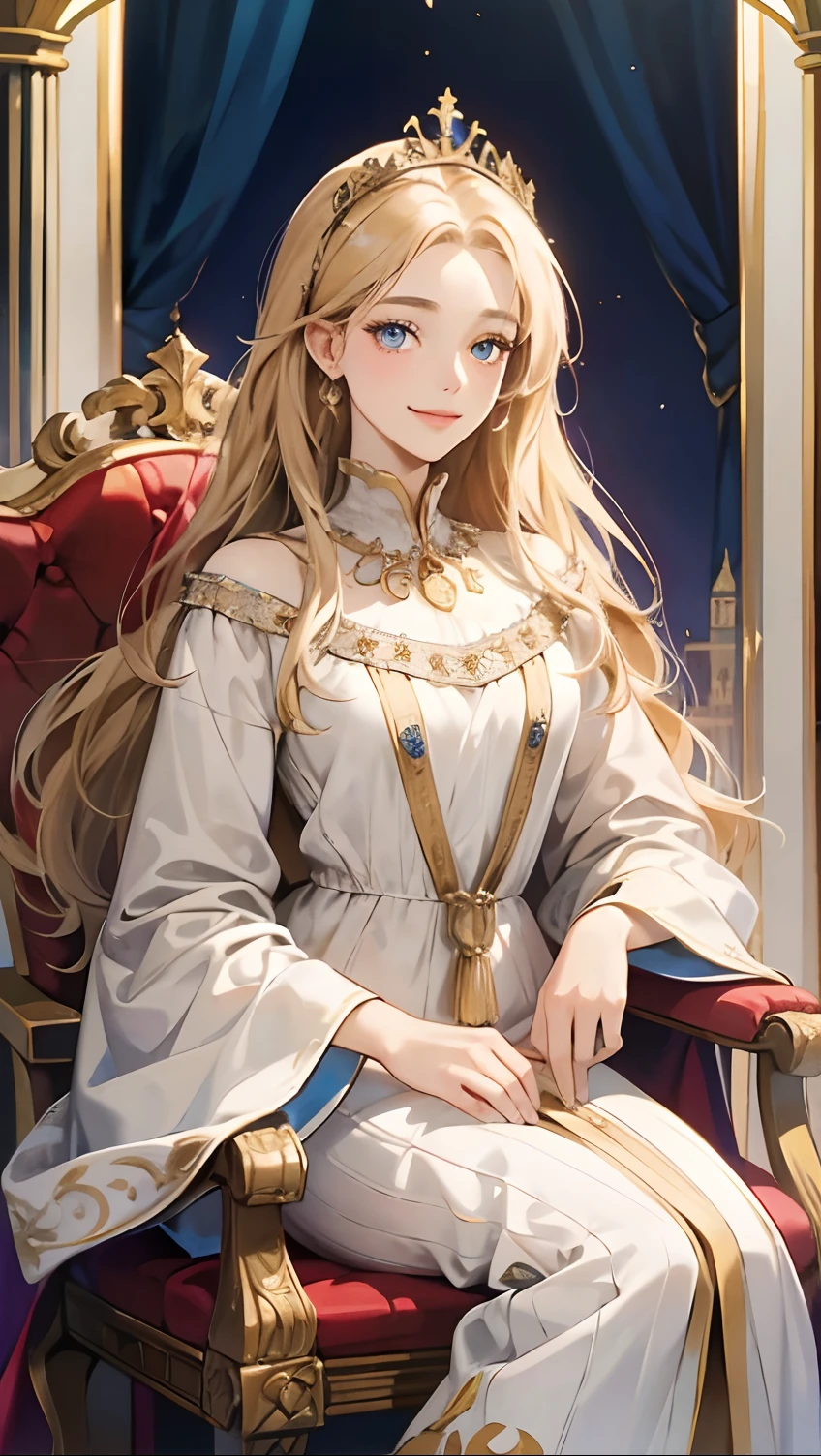 Perfect anatomy, Masterpiece, Highest quality, (Textured skin: 1.3), (Super detail: 1.4), (High quality: 1.4), 1080p, hyper HD, 16k, (aquarelle: 1.8), dense skin, Single woman, Mature woman, 24 years of age，Englishwoman, Westerners, queen, Kind smile, Medieval European royalty, Noble costumes, Transparent skin, Beautiful skin, attractive beautiful, Medium height, Smiling, Eyes closed, Round eyes, Big eyes, Blue pupils, Almond-shaped eyes, High nose, Thin lips, Golden long hair, detailed hairs, Royal Palace, sit on chair, Gorgeous,