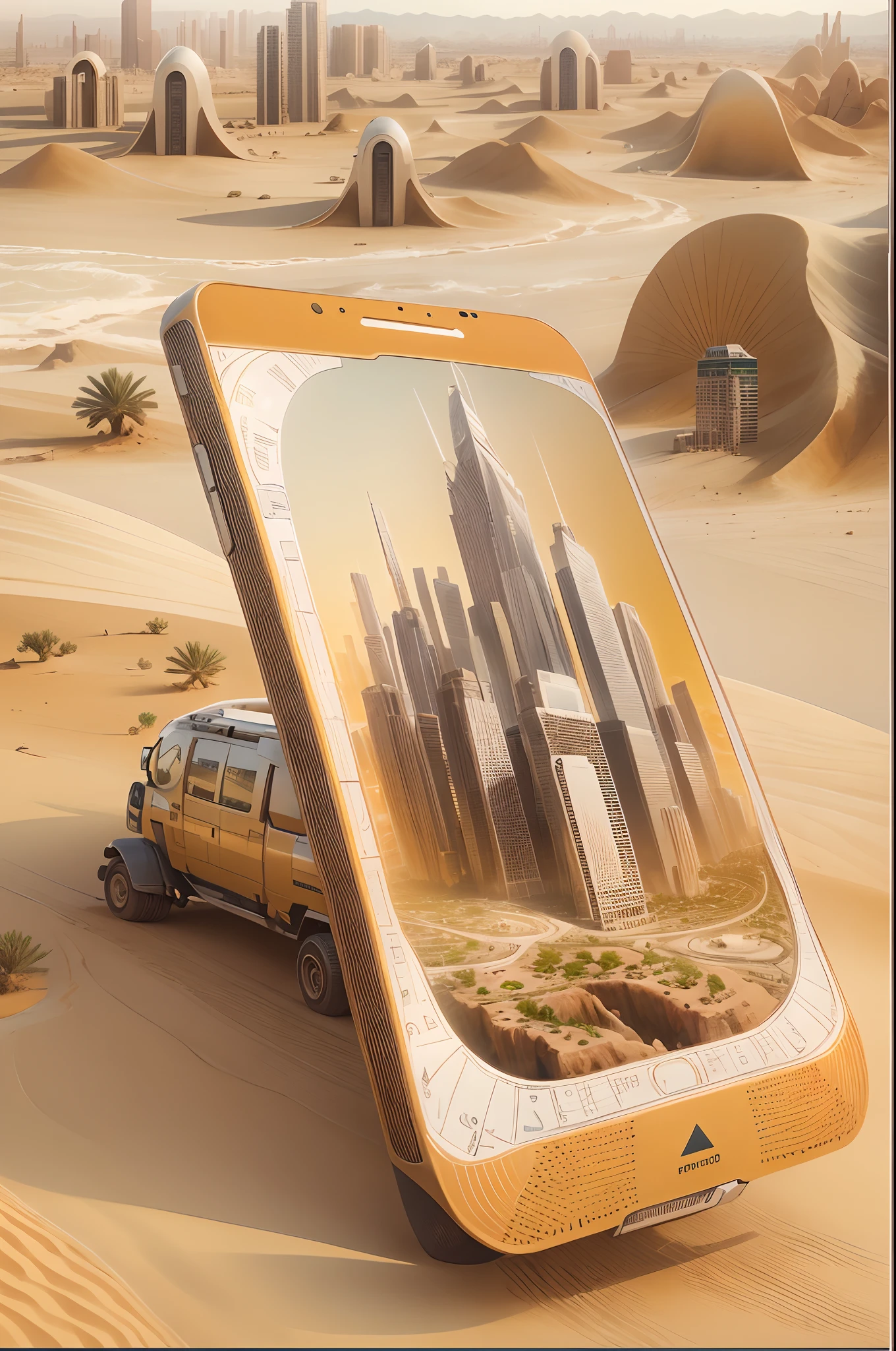 Mobile advertising. Futuristic city in the desert as background