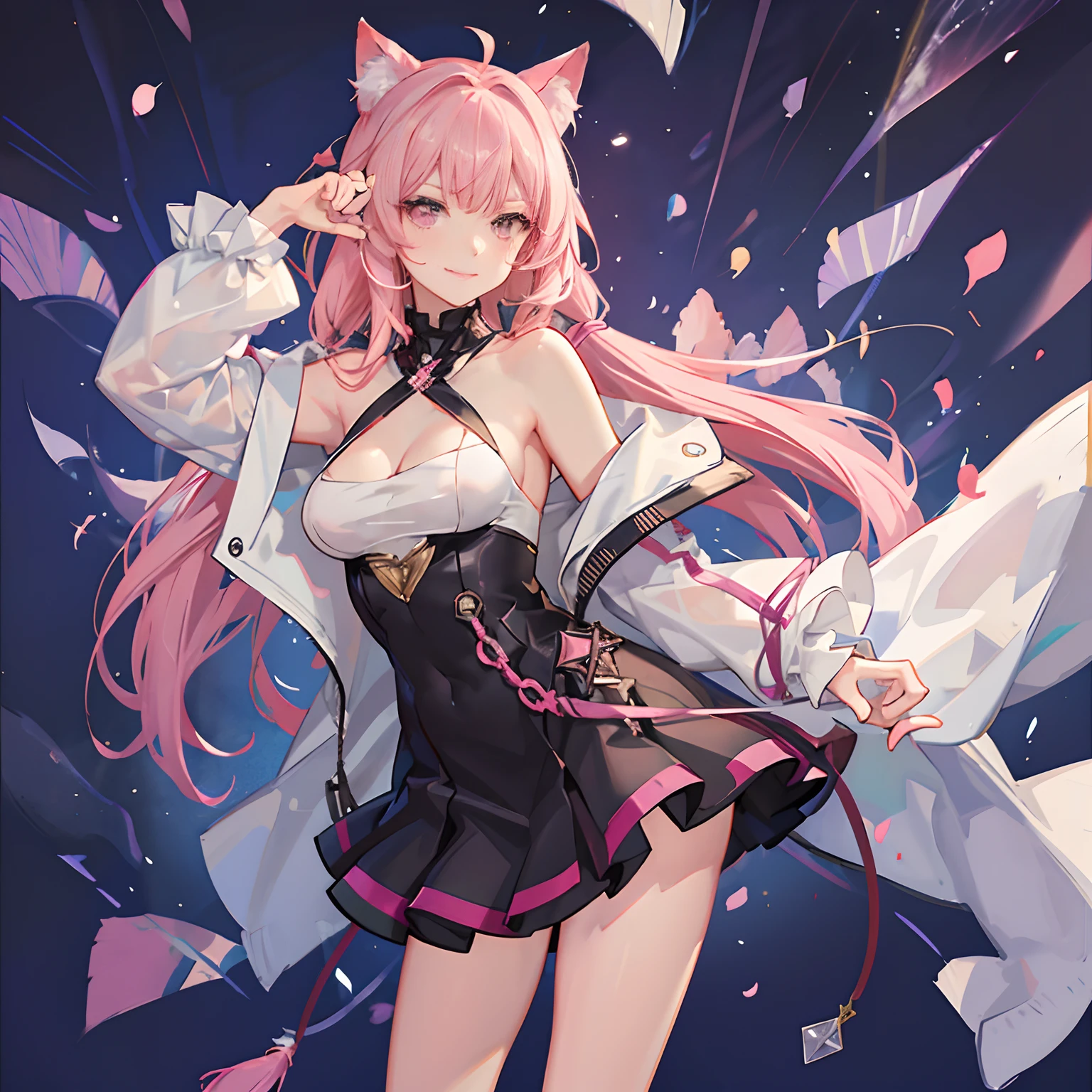 "anime girl, 1 person, pink hair, pink cat ears, pink eyes, t-shirt, white t-shirt, off-the-shoulder women's jacket, black miniskirt, big breasts, twin swords on the back, crystals on the back  flying around, blushing, smiling triumphantly, solo, looking straight, standing cross-legged. (full HD 4K+ image)"