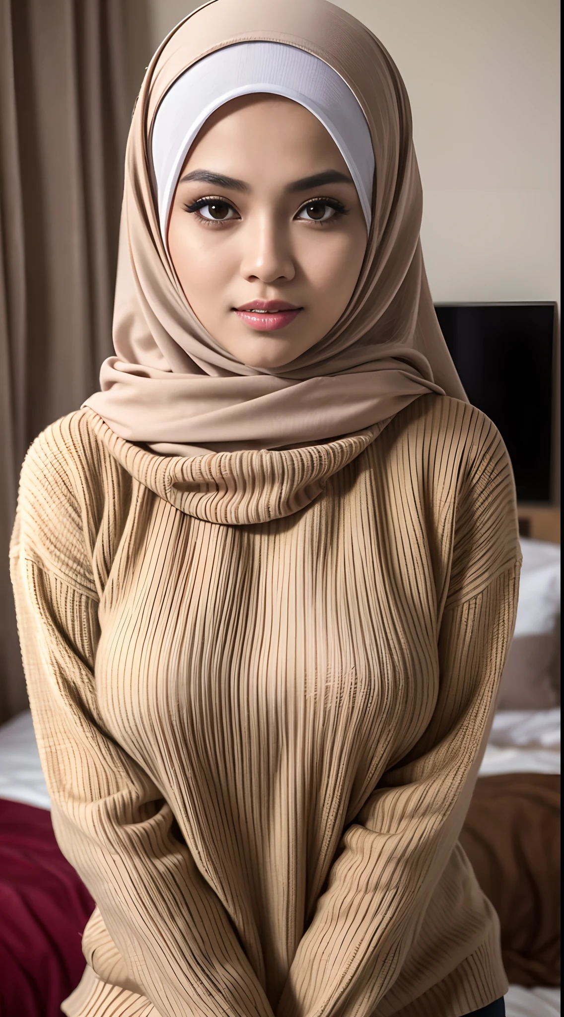 RAW, Best quality, high resolution, Masterpiece: 1.3), Beautiful Malay woman in hijab,Masterpiece, best quality,8k, brown eyes, perfect eyes,Huge breasts,long White sweater,close up, bedroom