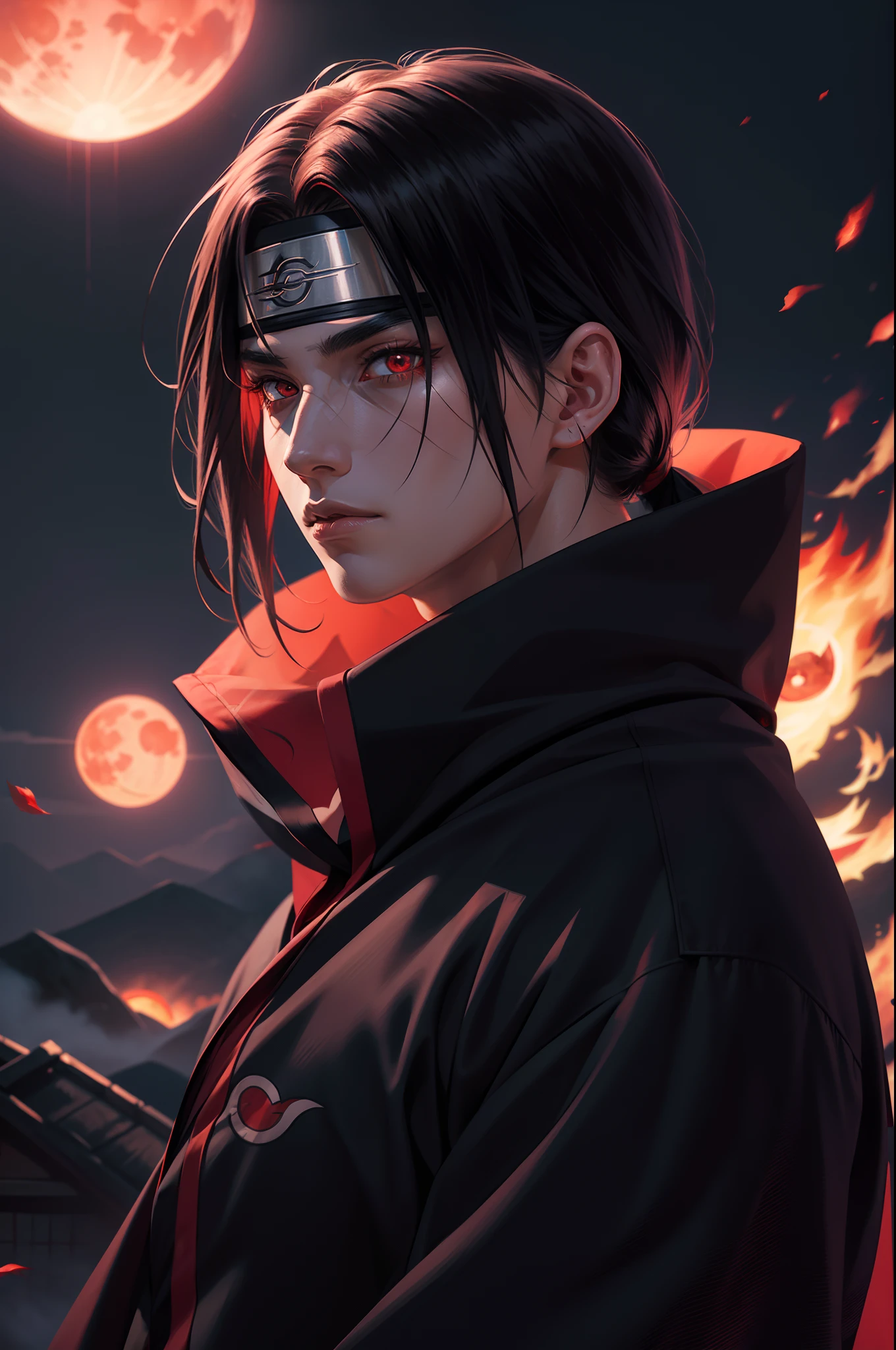 Masterpiece, high detailed, a young man covered in black cape with red cloud drawing or akatsuki robe from naruto, itachi uchiha, red eyes, upper body, shinobi, Konoha headband, red moon in the background, red theme, from naruto, long hair, covered in red flame