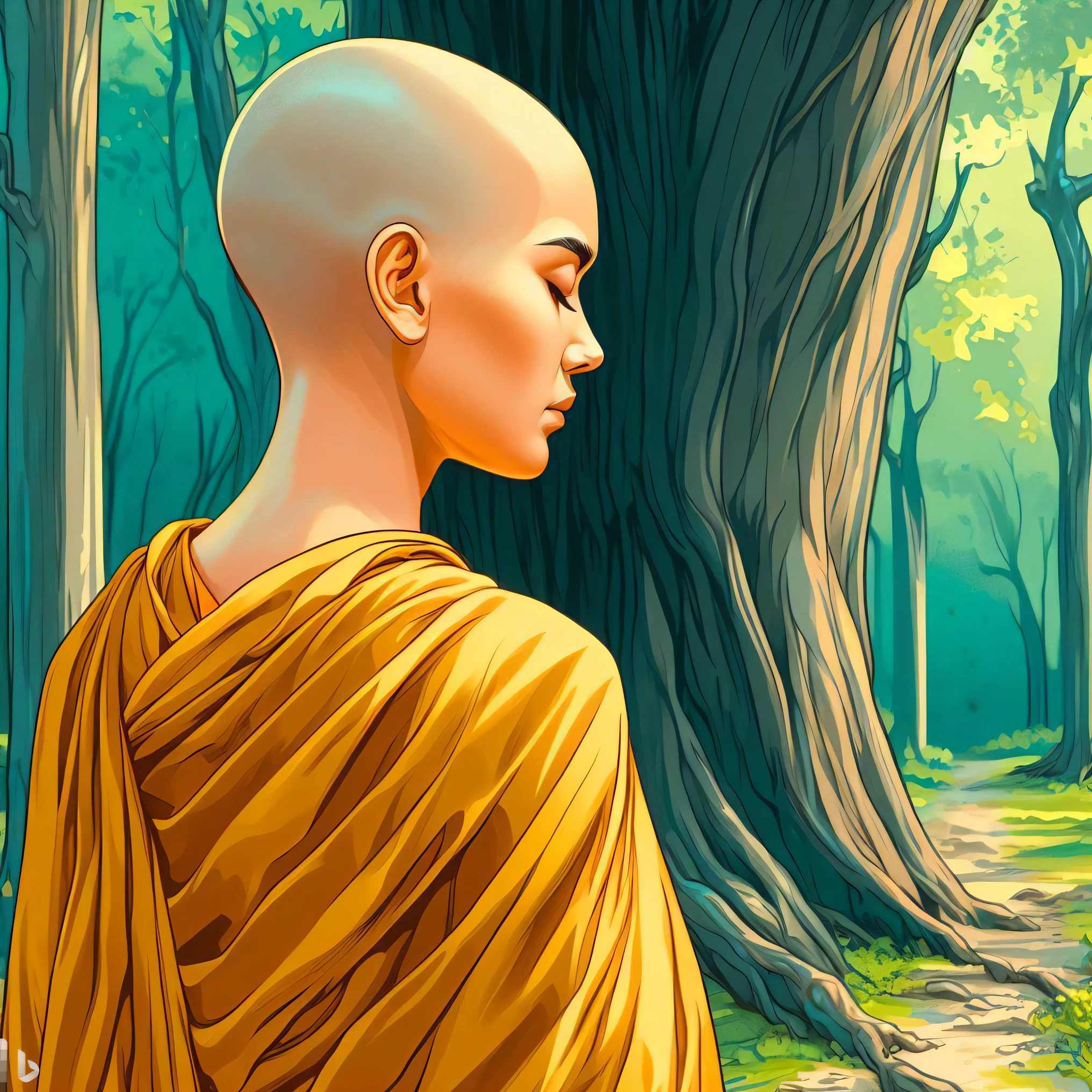 a close up of a person in a yellow robe standing in front of a tree, on path to enlightenment, on the path to enlightenment, monk meditate, by Galen Dara, buddhism, buddhist monk, beautiful avatar pictures, buddhist, full color digital illustration, a beautiful artwork illustration, 2 1 st century monk, concept art of a monk, monk, portrait of monk
