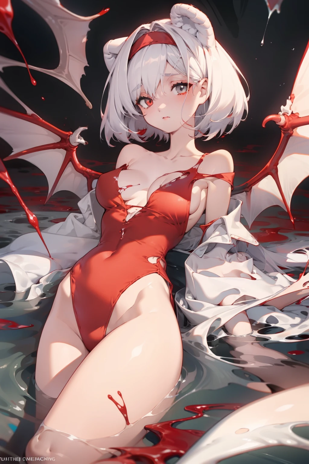 Leakage out of the collarbone，Neck leakage，White color hair，succubi，have demon wings，There are wounds on the body，The wound bleeds，Deep V one-piece swimsuit，Bigboobs，Blood droplets splattered，lineage，Red silk thread，upper legs