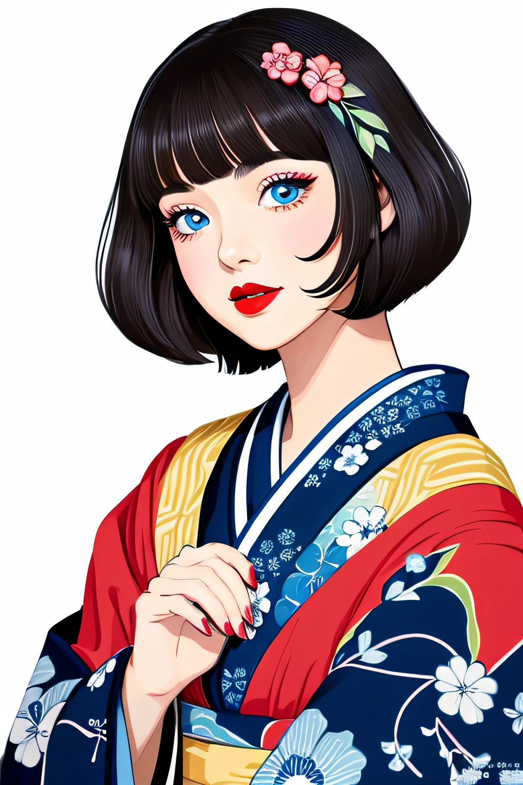 ((Full body portrait))((illustratio:1.3))、Hand-drawn illustration taste、A detailed eye、Blue eyes、Beautiful 14 year old girl in cute Japan kimono costume、Dark hair、red lipsticks、the eyes are blue、Hairstyle is a bob cut、2D