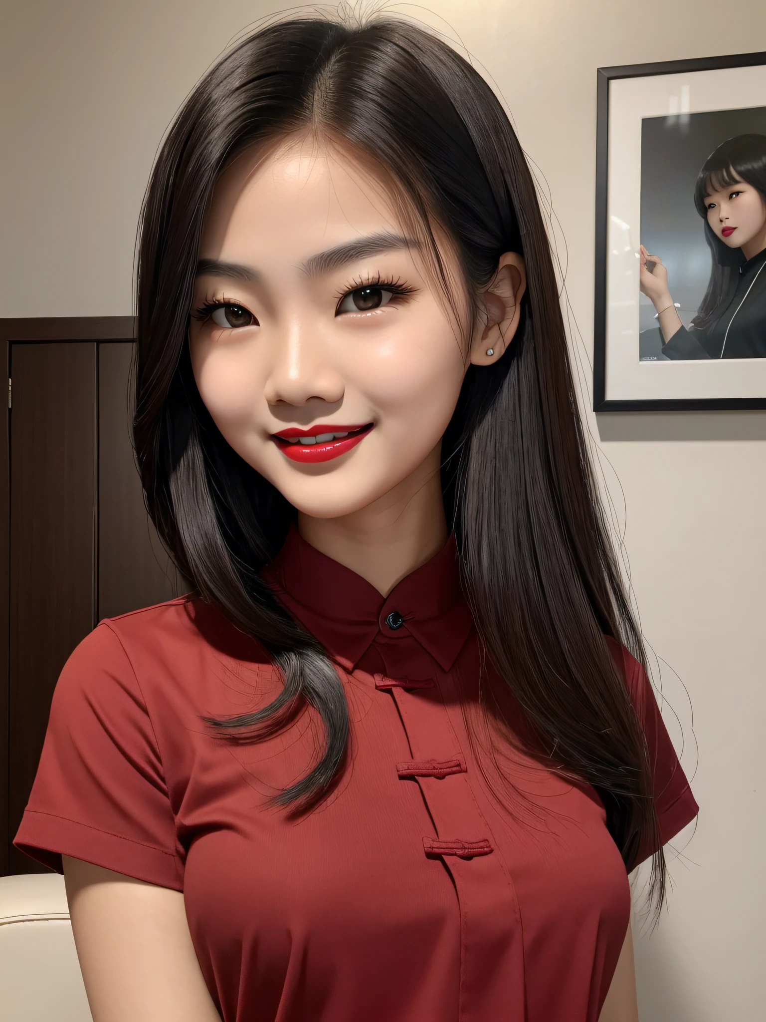 (Masterpiece), (Realistic), (Best Quality), (young)+(cute)+chinese woman, 18 years, dark skin, cute, very cute, broad jaw, big brown eyes, brown-black hair, long cheeks, slim thick, (hourglass body), curvy:0.3, short body, 150cm, small eyebrows:0.1, small brows, rounded brows, rounded eyebrows, short lips, smiling, dark red lips, cute facial expression ,wearing red feminine shirt, {headshot}