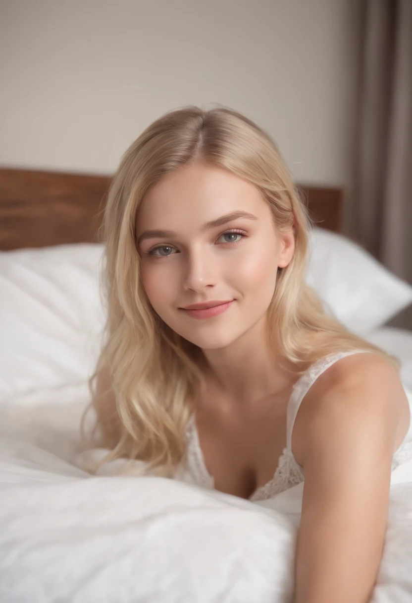 Masterpice Photorealistic Big Blonde Girl In Bed, Take a selfie, Full body, perfect face, Smiles, HD, 