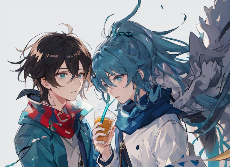 Anime characters are standing in the room wearing blue scarves, two anime handsome men, official fanart, High-quality fanart, trending on artstation pixiv, Cute boys, highly detailed exquisite fanart，Best quality，Best resolution，Masterpiece，Ultra detailed，2male，Boy student，shoun，15year old，Double，One person drinks the drink of the other，Winters，White background，the morning sun，Beautiful lighting，Dressed in a teal suit，围巾，The two interact，Be red in the face，astonishment