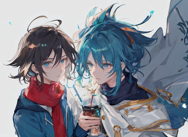 Anime characters are standing in the room wearing blue scarves, two anime handsome men, official fanart, High-quality fanart, trending on artstation pixiv, Cute boys, highly detailed exquisite fanart,Best quality,Best resolution,Masterpiece,Ultra detailed,2male,Boy student,shoun,15year old,Double,One person drinks the drink of the other,Winters,White background,the morning sun,Beautiful lighting,Dressed in a teal suit,围巾,The two interact,Be red in the face,astonishment