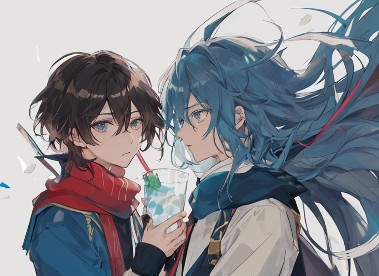 Anime characters are standing in the room wearing blue scarves, two anime handsome men, official fanart, High-quality fanart, trending on artstation pixiv, Cute boys, highly detailed exquisite fanart，Best quality，Best resolution，Masterpiece，Ultra detailed，2male，Boy student，shoun，15year old，Double，One person drinks the drink of the other，Winters，White background，the morning sun，Beautiful lighting，Dressed in a teal suit，围巾，The two interact，Be red in the face，astonishment