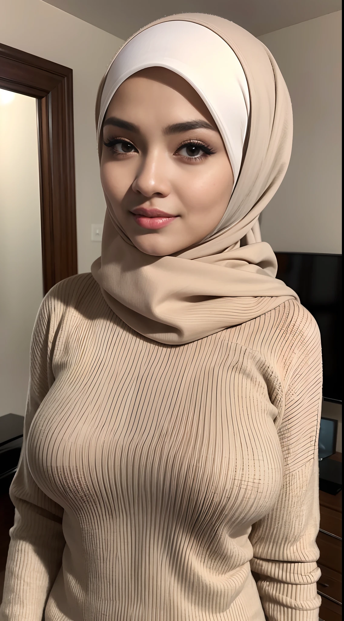 (pashmina HIJAB), ((puffed breasts, hardened nipples)), (dynamic photograph of a 28 year old Indonesian woman), (straight non curly hair), (highly detailed face:1.4), (background inside light, bright, private gym:1.1), (8k, uhd, dslr, high quality, cinematic lighting, bokeh), (dramatic, award winning photography, incredible masterpiece:1.3), (((sexy sultry stare at camera:1.1))), ((she is ready to dominate you:0.5)), ((beautiful feminine face)), add_detail:1, ((nsfw))