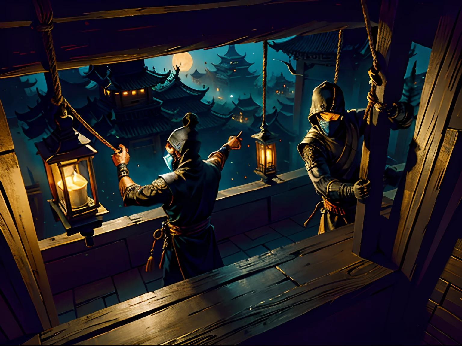 nigth,Two male masked thieves,Two male thieves,clamber,ropes,Climb up,Ancient inn,Two thieves,male people,Blackn clothes,on back,the night(Best Picture Quality,4K,A high resolution:1.2),hyper-detailing,realisticlying)super detailing,highly details,Chinese Ancient Times,Ancient wind,Traditional ink painting,Top-down view