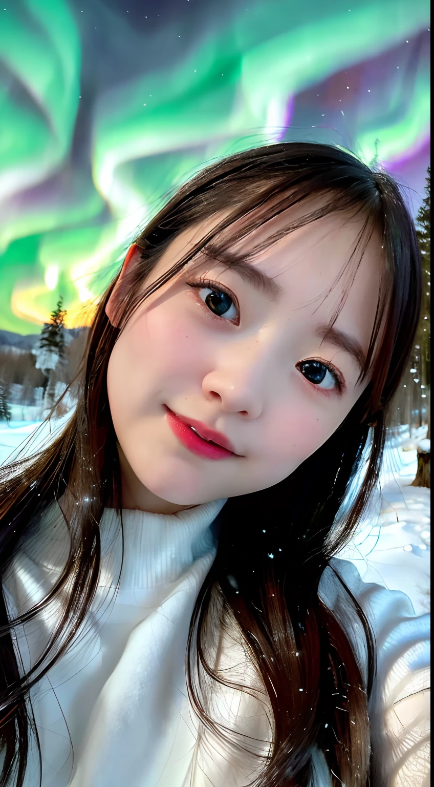 beautiful, masterpiece, best quality, extremely detailed face, perfect lighting, (absurdres), (ultra detailed, 8K, ultra highres:1.2), in the forest, 1child girl, solo, ((looking up to sky, face up, watching dark sky)), long dark brown hair, 5yo, wearing white winter jacket, open mouth, amazed, surprised, (glad), (happy), (face focus), (above shoulder), (from just in front), snow outside, frost-covered trees, rime, no building, ((nothing around girl, just sky)), in the nature, detailed background, in Hokkaido, ((dark at night)), amazing beautiful aurora in the sky, (((aurora, Northern lights))),