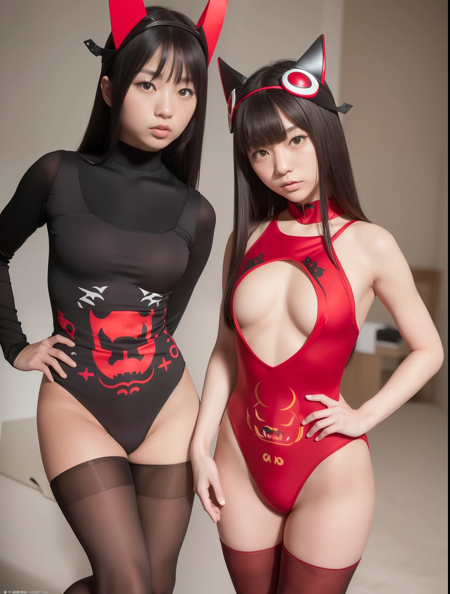 Japanese,(realisitic, Hi-Res: 1.4), 2 girls, (Natural light), (more face, more hair, More skin), (Middle chest), slender,mid-waist,(black leotard:1.2),(Evil pattern:1.3),(red eyes:1.3),(pantyhose:1.3),(not cool shaped headgear:1.4)