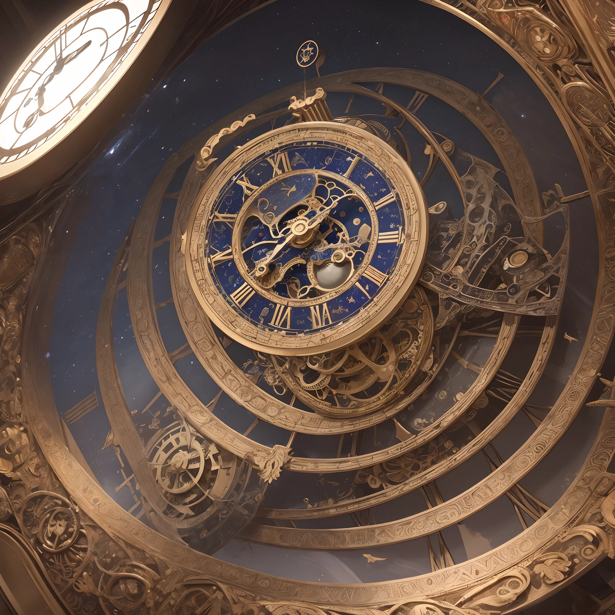 A clock composed of nebulae，Mechanical clocks，Roman numeral scales，Glowing hands，starryskybackground，Spiraling scales