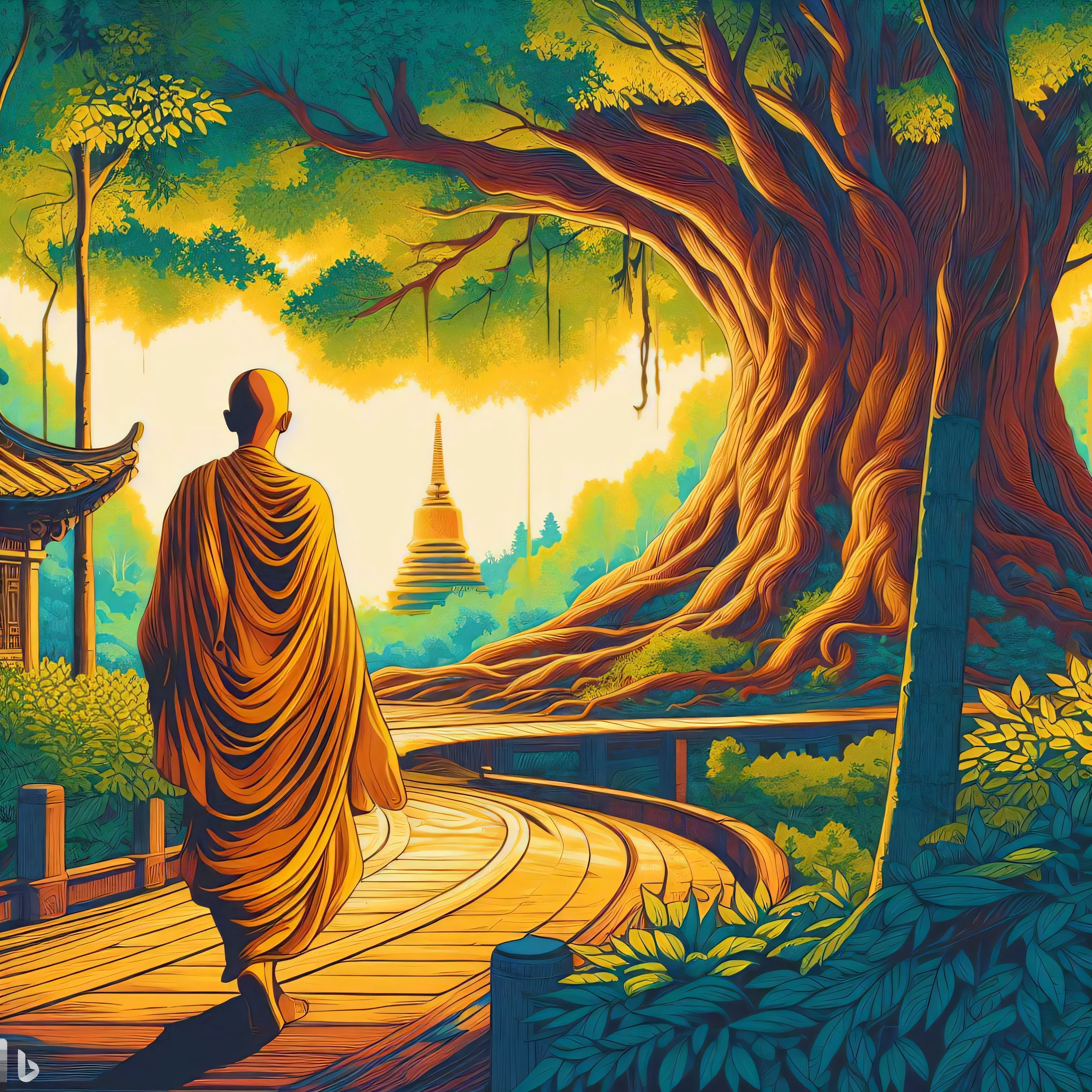 a painting of a monk walking down a path in a forest, on path to enlightenment, on the path to enlightenment, buddhist monk, buddhism, monk meditate, painting by dan mumford, the bodhi tree at sunset, by the Brothers Hildebrandt, 2 1 st century monk, an ancient path, by Brothers Hildebrandt, kilian eng vibrant colours