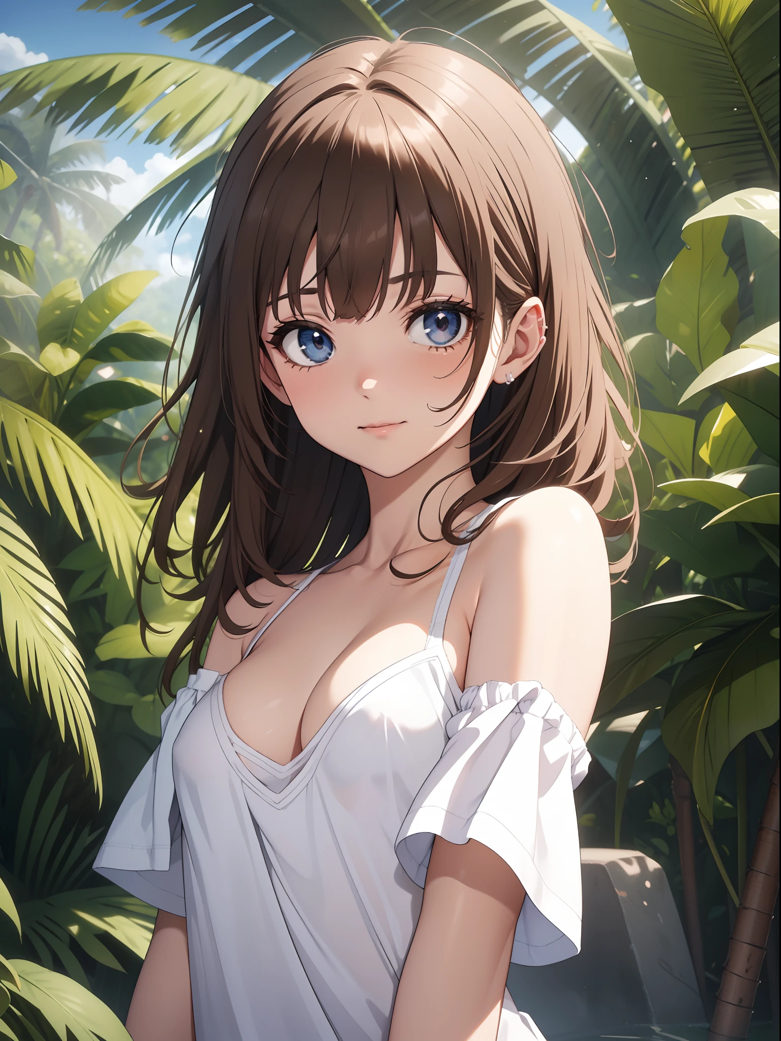 Official art、Top quality ultra-detailed CG art、barechested:1.2)、Brown hair、lively girl、white t-shirts、Transcendent Cute、kirakira、ssmile、Hide and seek、the beach、clean、Short。