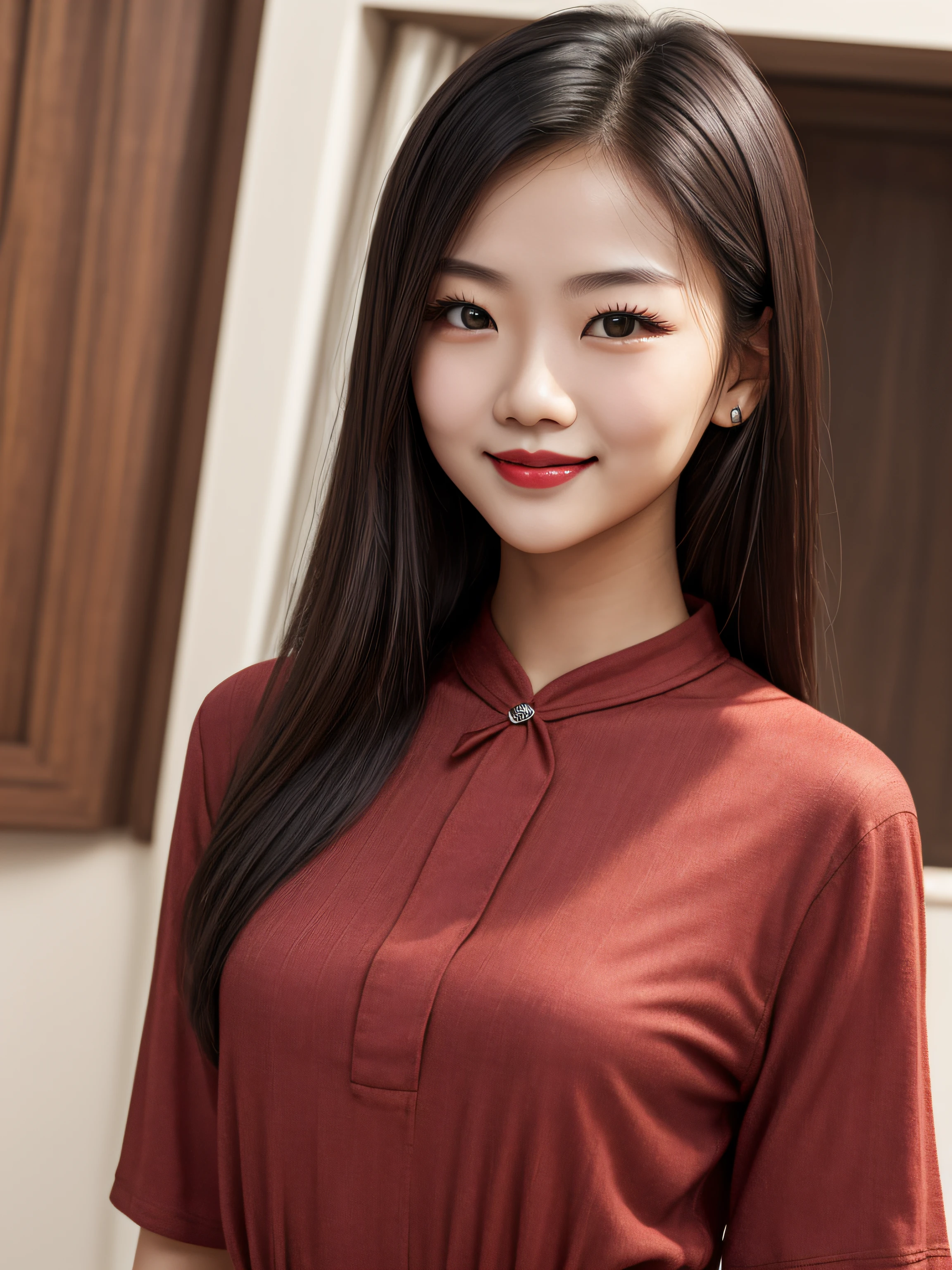 (Masterpiece), (Realistic), (Best Quality), (young)+(cute)+chinese woman, 18 years, dark skin, cute, very cute, broad jaw, big brown eyes, brown-black hair, long cheeks, slim thick, (hourglass body), curvy:0.3, short body, 150cm, small eyebrows:0.1, small brows, rounded brows, rounded eyebrows, short lips, smiling, dark red lips, cute facial expression, wearing tight red feminine shirt-dress, headshot