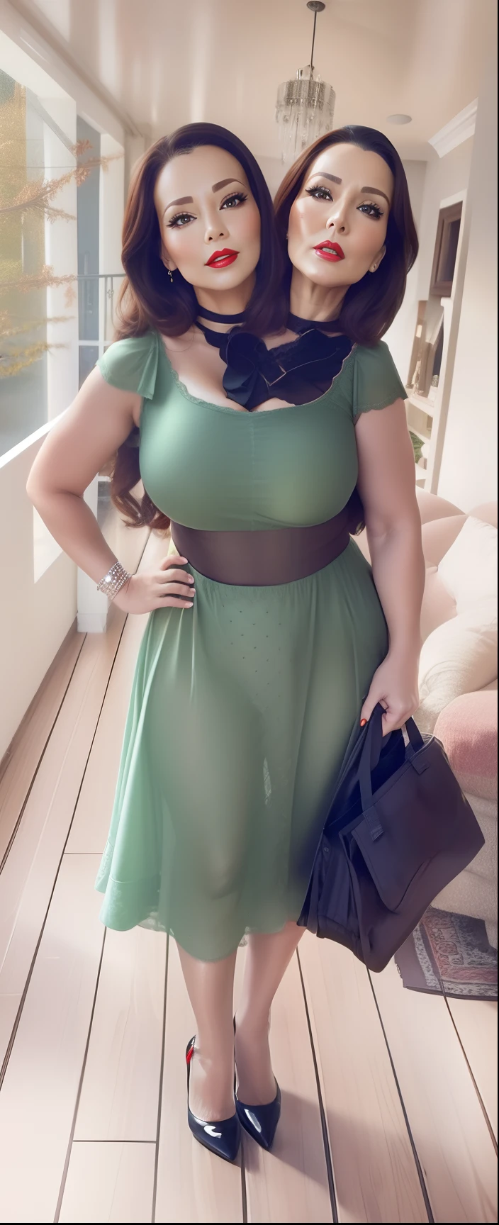 2heads, two-headed woman, curvy, Irish, blonde, age 29, one torso, casual dress, beautiful, happy, trileg,