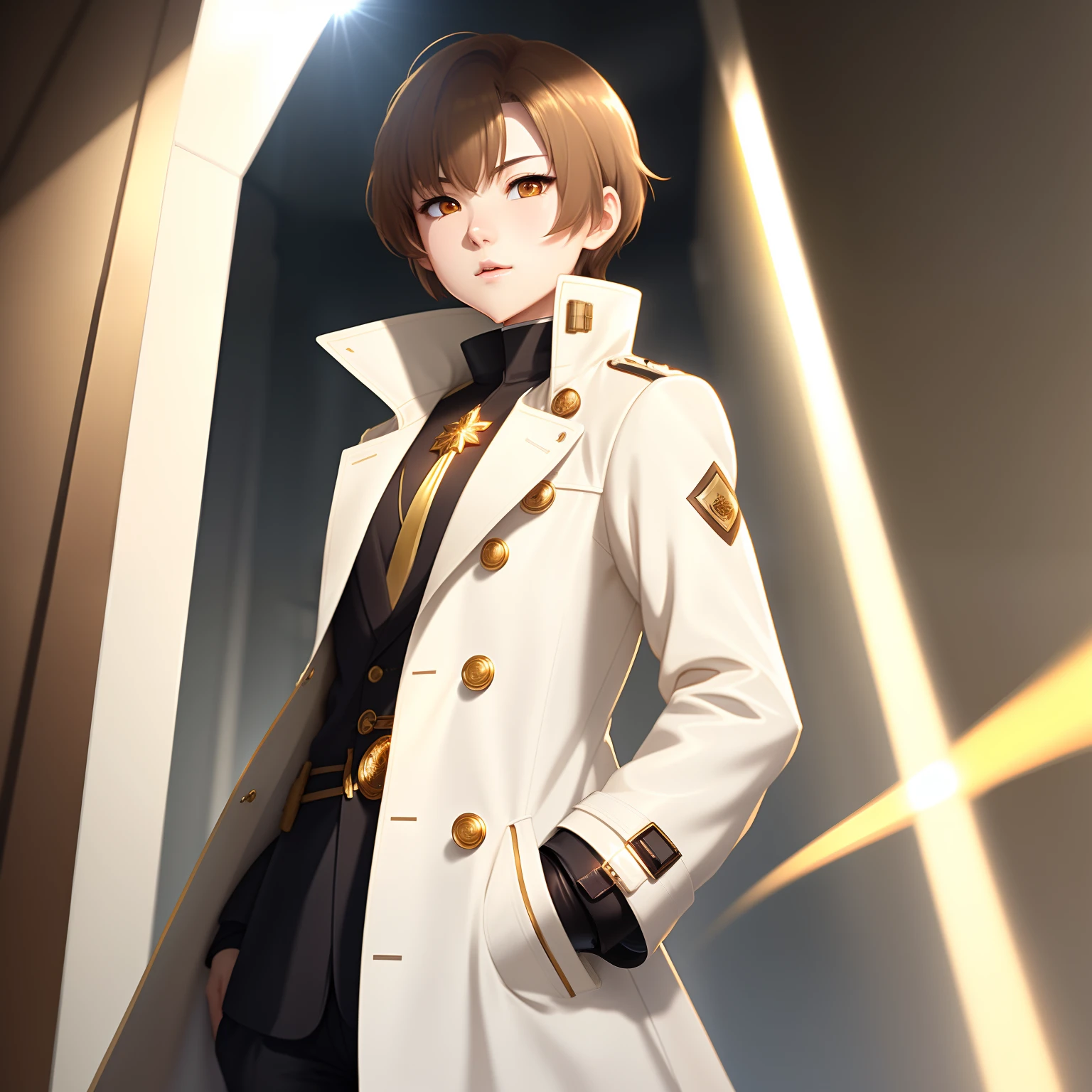 shoun，White trench coat，brown  hair，Hand in pocket，Golden eyes，Mouth closed，short detailed hair，full bodyesbian，There is a golden light all around，anime