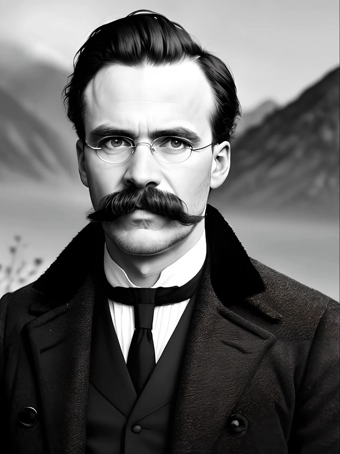 friedrichnietzsche, thick moustache, forehead, coat, black shirt, (standing top of Mountain :1.1), (intricate details:0.9), (hdr, hyperdetailed:1.2), (natural skin texture, hyperrealism, soft light, sharp), (intricate details:0.9), (hdr, hyperdetailed:1.2), (natural skin texture, hyperrealism, soft light, sharp)