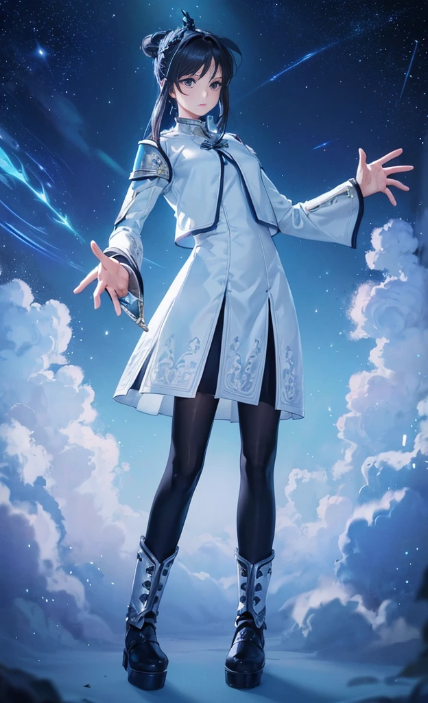 Beautiful paladin girl,Holding a shield,Extremely beautiful,High Balance, Natural light, Lace,black in color,starrysky,Star decoration (Masterpiece, Highest quality),unreal-engine,Standing painting, angle of view,Tulle skirt,ssee-through,Over-the-knee black stockings
