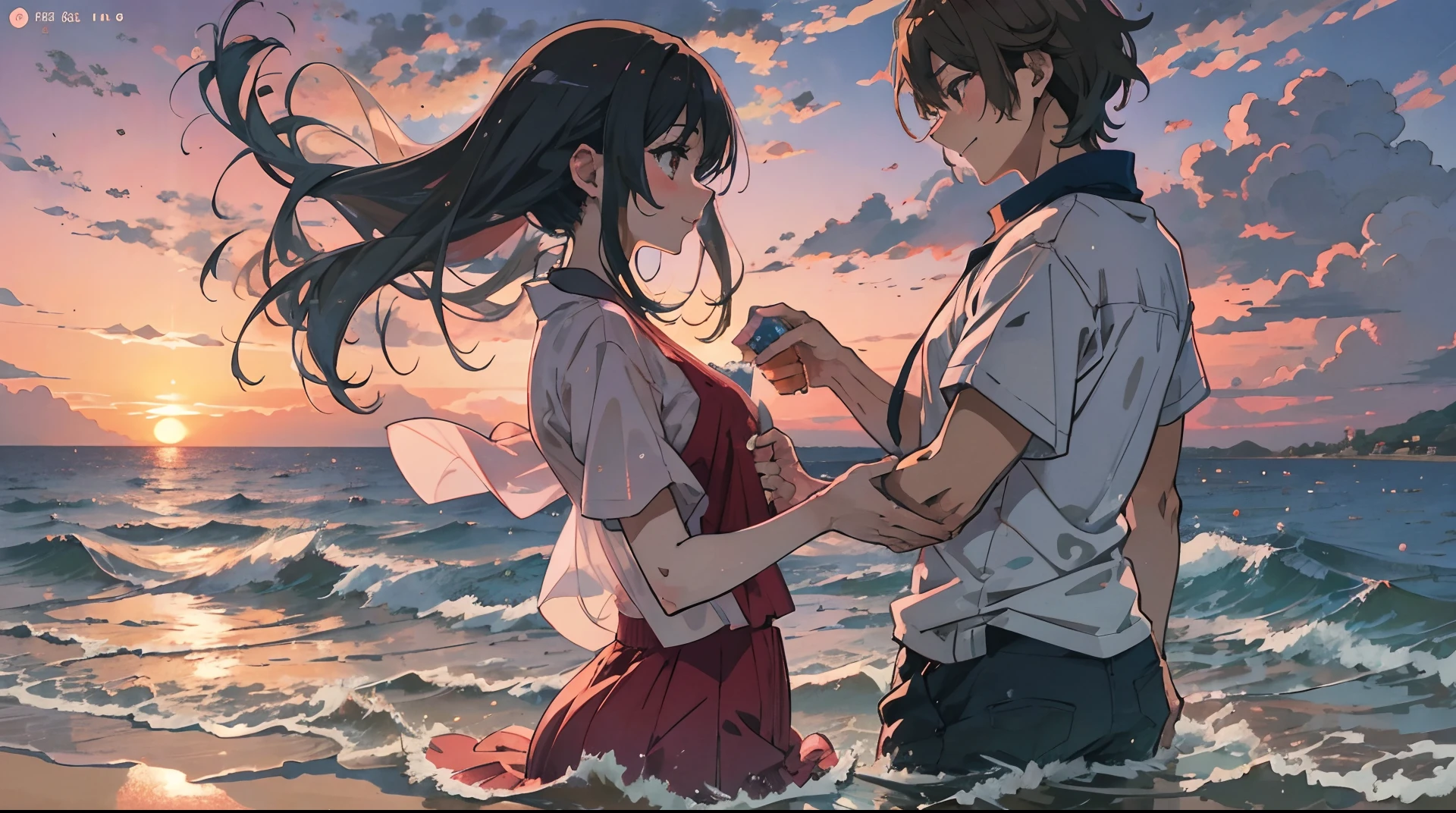 a anime couple is happily playing in the sea, at the beach, at a sunset, makato shinkai style --auto --s2