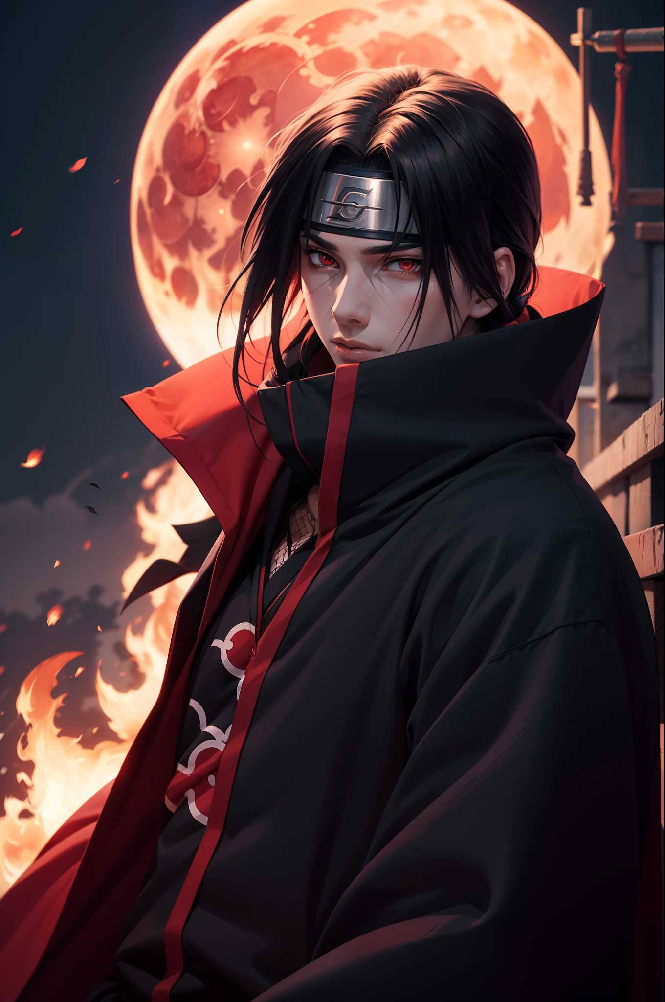 Masterpiece, high detailed, a young man covered in black cape with red cloud drawing or akatsuki robe from naruto, itachi uchiha, red eyes, upper body, shinobi, Konoha headband, red moon in the background, red theme, from naruto, long hair, covered in red flame