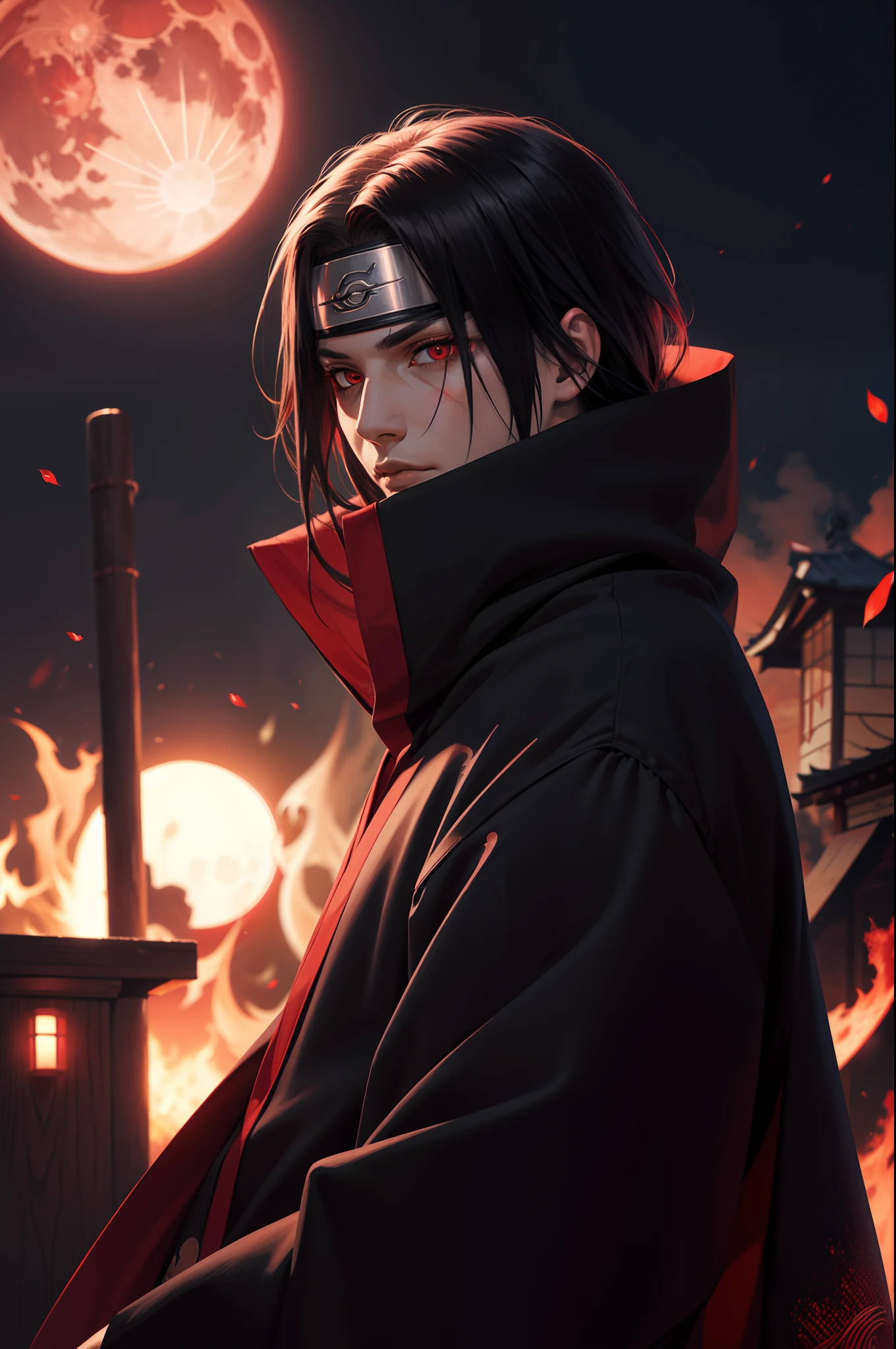 Masterpiece, high detailed, a young man covered in black cape with red cloud drawing or akatsuki robe from naruto, itachi uchiha, red eyes, upper body, shinobi, Konoha headband, red moon in the background, red theme, from naruto, long hair, covered in red flame