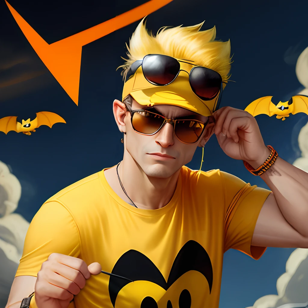 Looney tunes style bat. Wearing a yellow shirt with a red ring and lightning bolt going through it. Wearing sunglasses with the demeanor of a cool guy