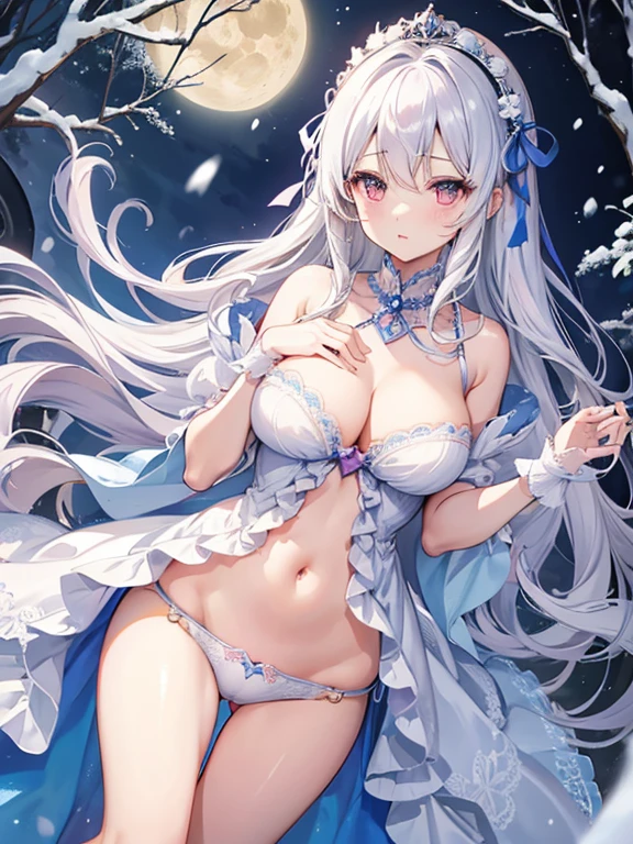 1人、white hair、Pink eyes、length hair、fluffy and soft hair、Cinderella、Cinderella's Castle、lace dresses、natta、moonlight、It's snowing、爆乳、cleavage of the breast、Enchanted breasts、Enchanted thighs、Pink lip、耳环、White lace ribbon、frilld、Navel Ejection、Sparkling eyes、I can see my underwear.、