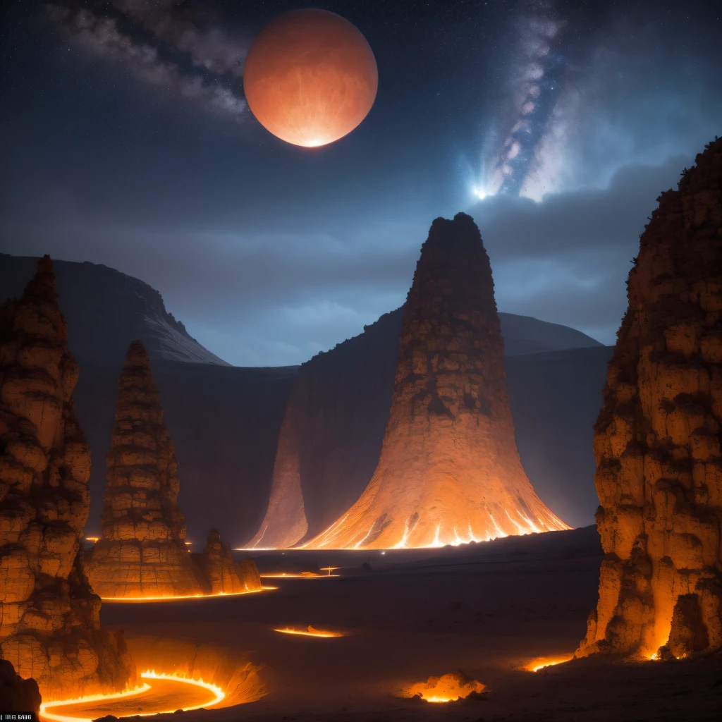 Alien base (Very detailed) In the mountainous desert,There are several exhaust fans and chimneys, Some spotlights come out of the base to illuminate dark places, (Extreme nights), Some clouds in the night sky, Some of the surrounding planets provide air to unknown planets,The farthest giant volcano is erupting