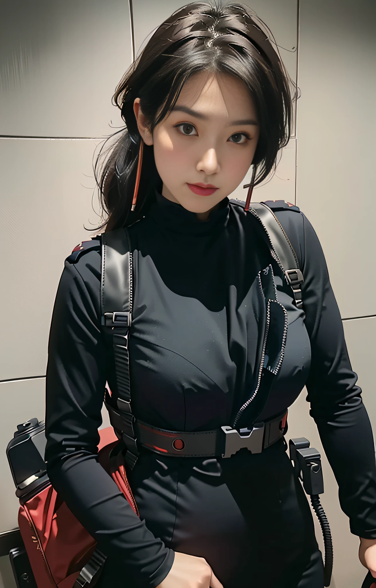 Highest image quality, excellent details, Ultra-high resolution, (Realism: 1.4), ((close up:0.75)), High condensation 1 ready,40s、 With a beautiful and delicate face, perfectly proportions, Boobs and big ass、(Kick to the viewer), (chubby:0.3, Small breasts), (I like to wear a bodysuit and police uniform that is close to my body,Red and black mechs, Wear a high-tech headset, military harness, holding a machine gun, Carrying a Hitchtec rucksack), captain, Simple gray wall on background,