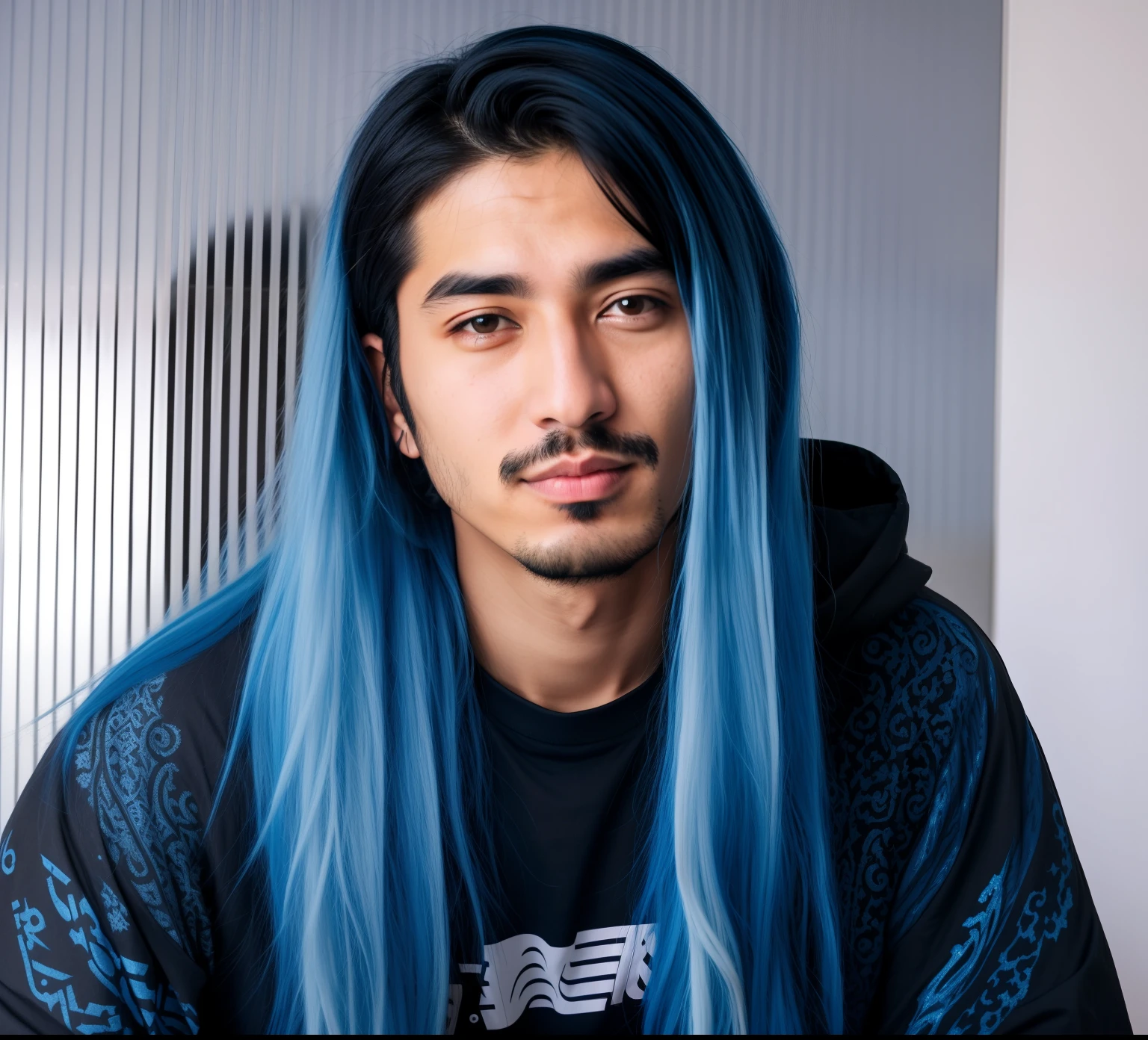 Arab asian man with blue hair and black shirt sitting in front of laptop, Takeyuki Kanda, norihiro yagi, Blue Long Hair, very long blue hair, Yuya Hirai Shigeto, Long blue hair, with blue hair, yoh yoshinori, Dripping blue natural rock storehouse, blue hairs, Long Hair Blue Center