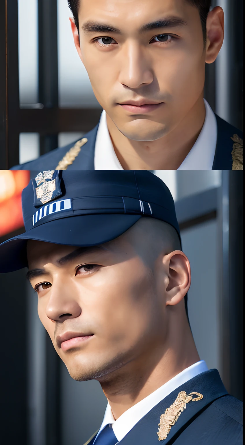 ((top-quality, 8K, masterpiece:1.3)), (((1 Japanese man))), (Police Uniform:1.2), Crisp focus 1.2, Beautiful men in perfect style:1.4, A Muscular:1.2, Highly detailed facial and skin texture, A detailed eye, double-edged eyelid, full body